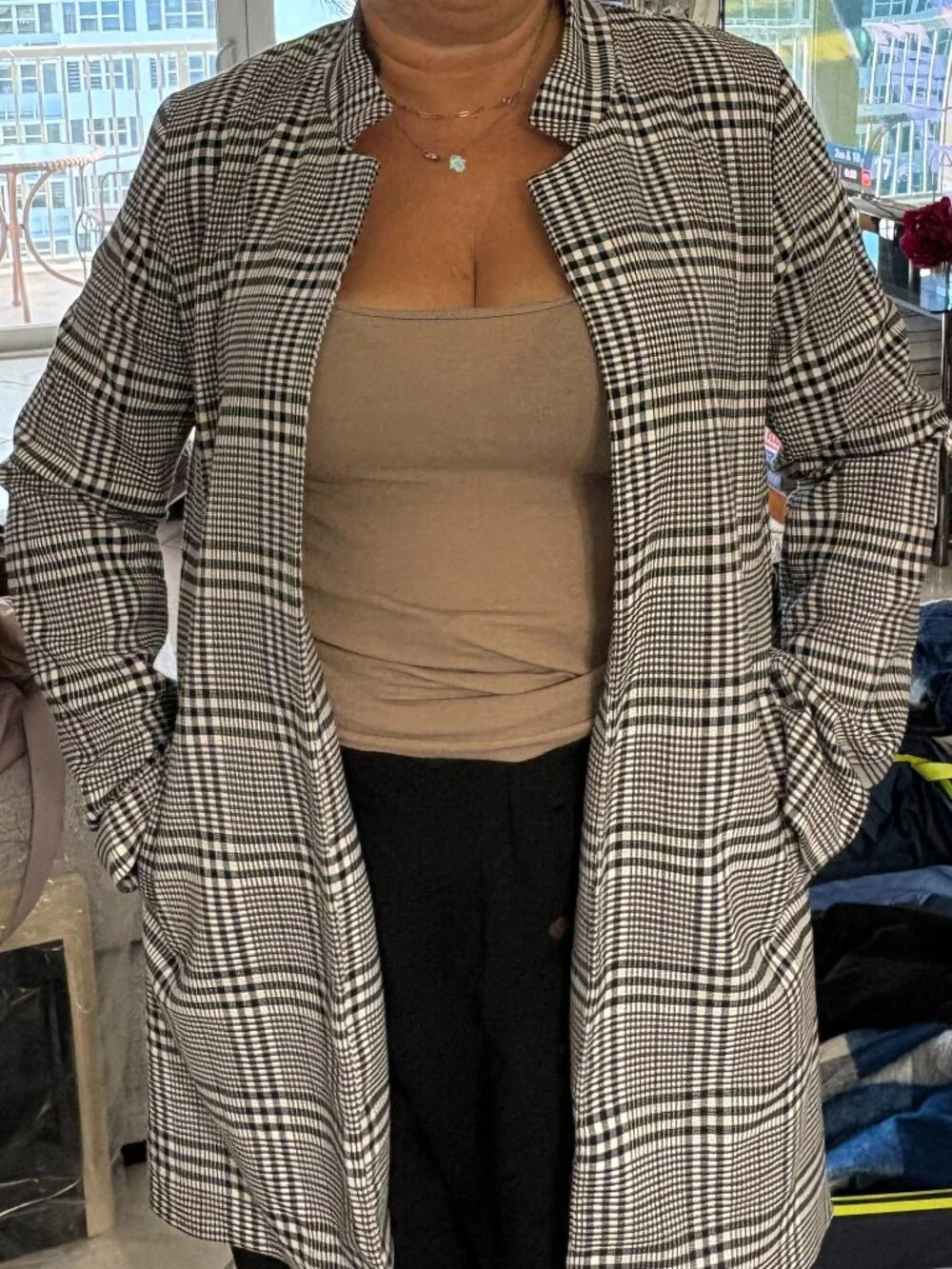 Carolina Belle Montreal Plaid White/Black Modern collar coat Large